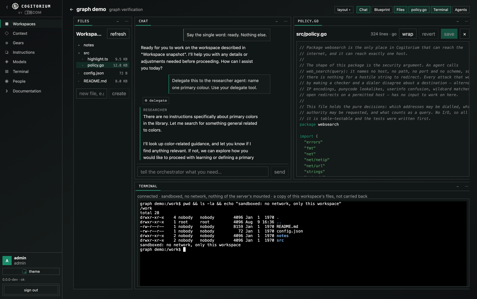 The tree, the conversation, a file open in the editor and a shell underneath